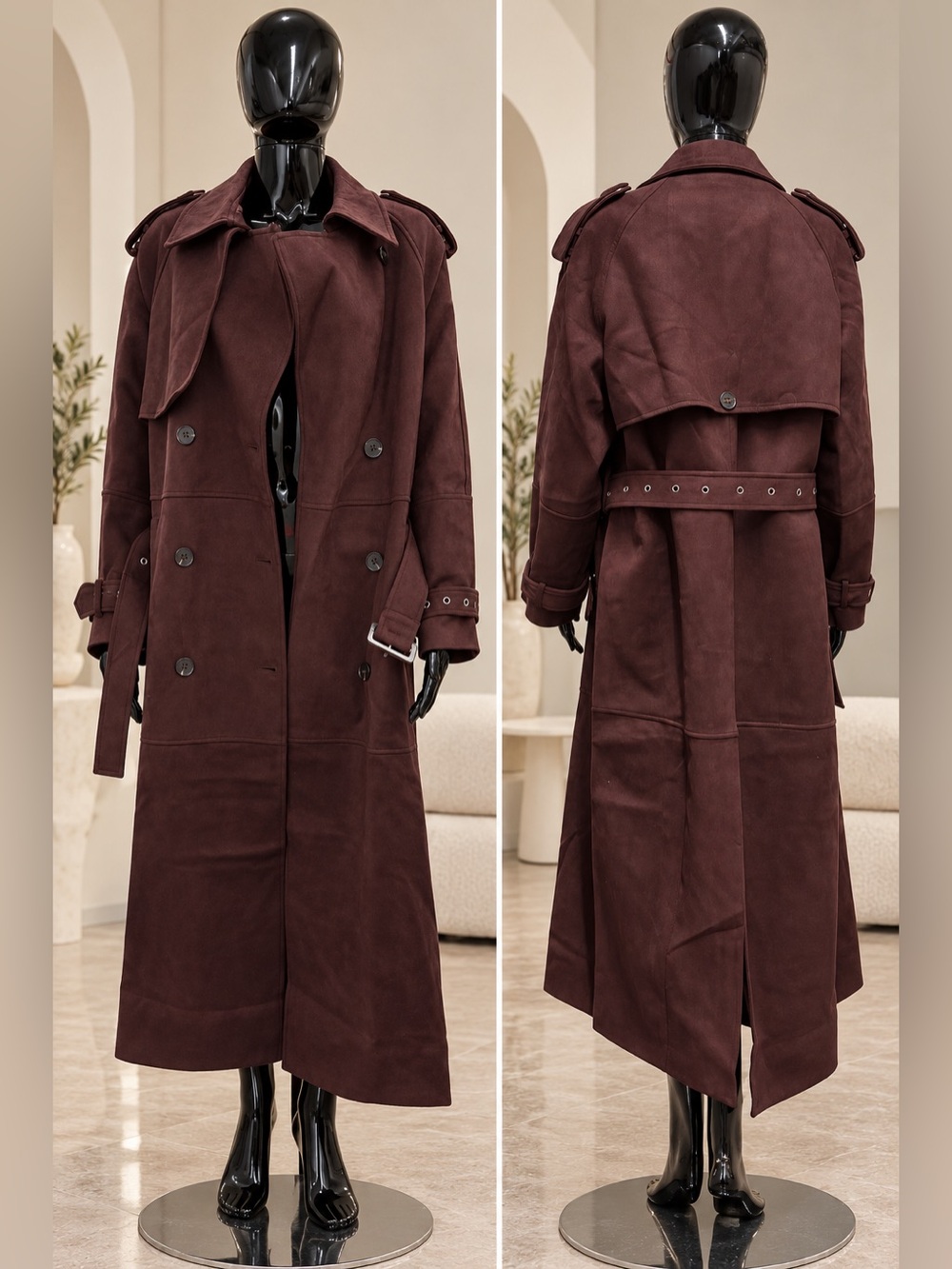 Chocolate Suede-Look Belted Trench Coat